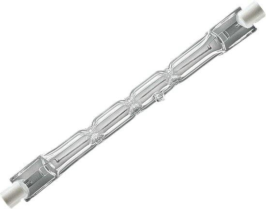 Helder glazen staaf halogeenlamp met zilverkleurige connectoren aan beide uiteinden.