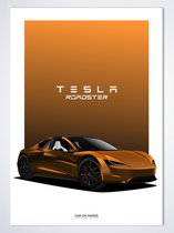 Tesla Roadster Oranje op Poster - 50 x 70cm - Auto Poster Kinderkamer / Slaapkamer / Kantoor