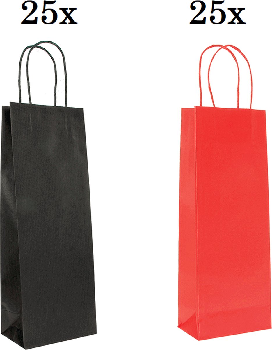 50 x Papieren Wijntas 14+8x39cm voor 1 Fles rood en zwart/Flestas papier / Cadeauverpakking /draagtas voor Fles/wijn / Fleszak · Fles zak / Kerst / Verjaardag