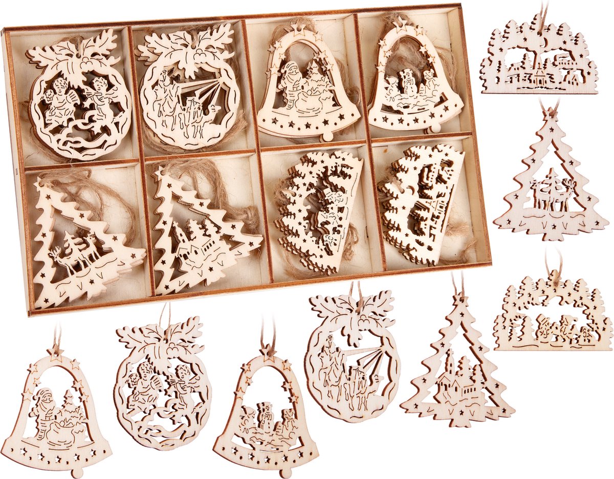 Brubaker 24-Delige Kersthanger Set - Houten Boom Decoraties ca. 6 cm - Engelen Klokken Dennenboom - Deco Hanger Kerst - Houten Hanger Kerstboom - Kerstboom Decoraties Braun