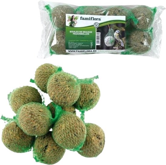 Famiflora Set van 8 mezenbollen met netje - 8x90g - Hang eenvoudig de netjes op voor een vliegend buffet dat vogels aantrekt - Verzorgt vogels tijdens koude maanden zodat ze energie behouden