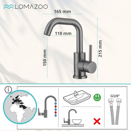 LOMAZOO Wastafelkraan Gun Metal Zwart Gunmetal Badkamerkraan