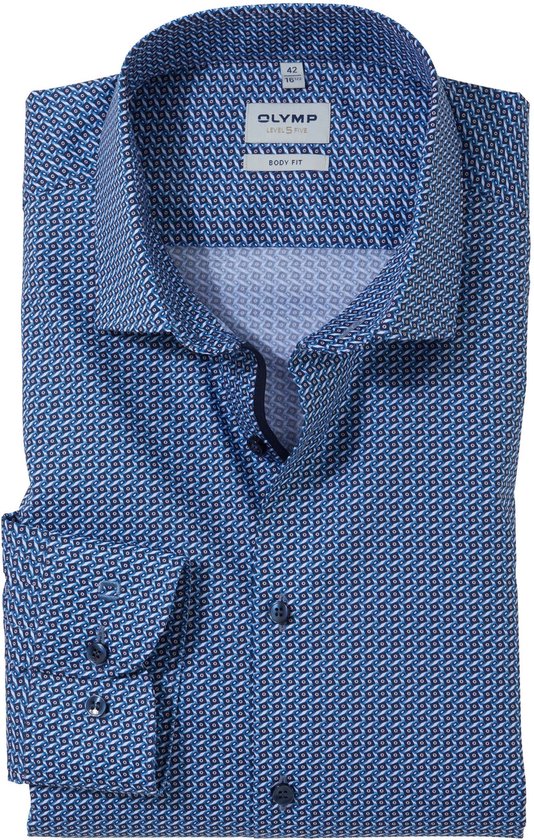 OLYMP Level 5 body fit overhemd - mouwlengte 7 - twill - marineblauw dessin - Strijkvriendelijk - Boordmaat: 40