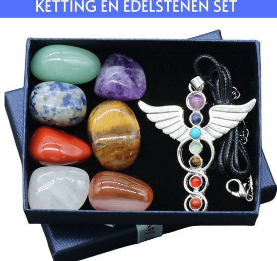 7 pierres de chakra et collier avec pendentif et chaîne de chakra dans une boîte à bijoux - Coffret cadeau Pierres précieuses et cristaux - Guérison