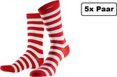 5x Paar gestreepte sokken rood/wit 36-40 - Thema feest party disco festival partyfeest carnaval optocht