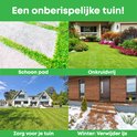 Mooie tuin met schoon pad, onkruidvrij gras en huizen. Winterse opname met sneeuw.