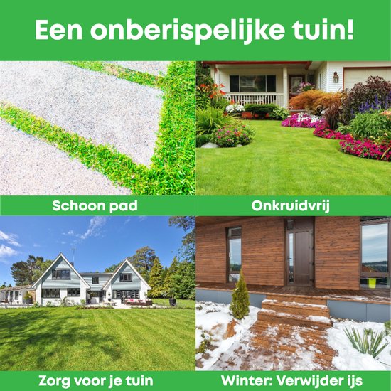 Mooie tuin met schoon pad, onkruidvrij gras en huizen. Winterse opname met sneeuw.