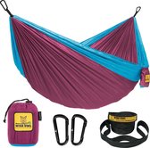 Hangmat - Outdoor hangmat voor 2 personen - Ultralichte reishangmat - Belastbaar tot 226 kg - Camping Accessoires - Incl. ophanging en karabijnhaak (Fuchsia en Hemelblauw)