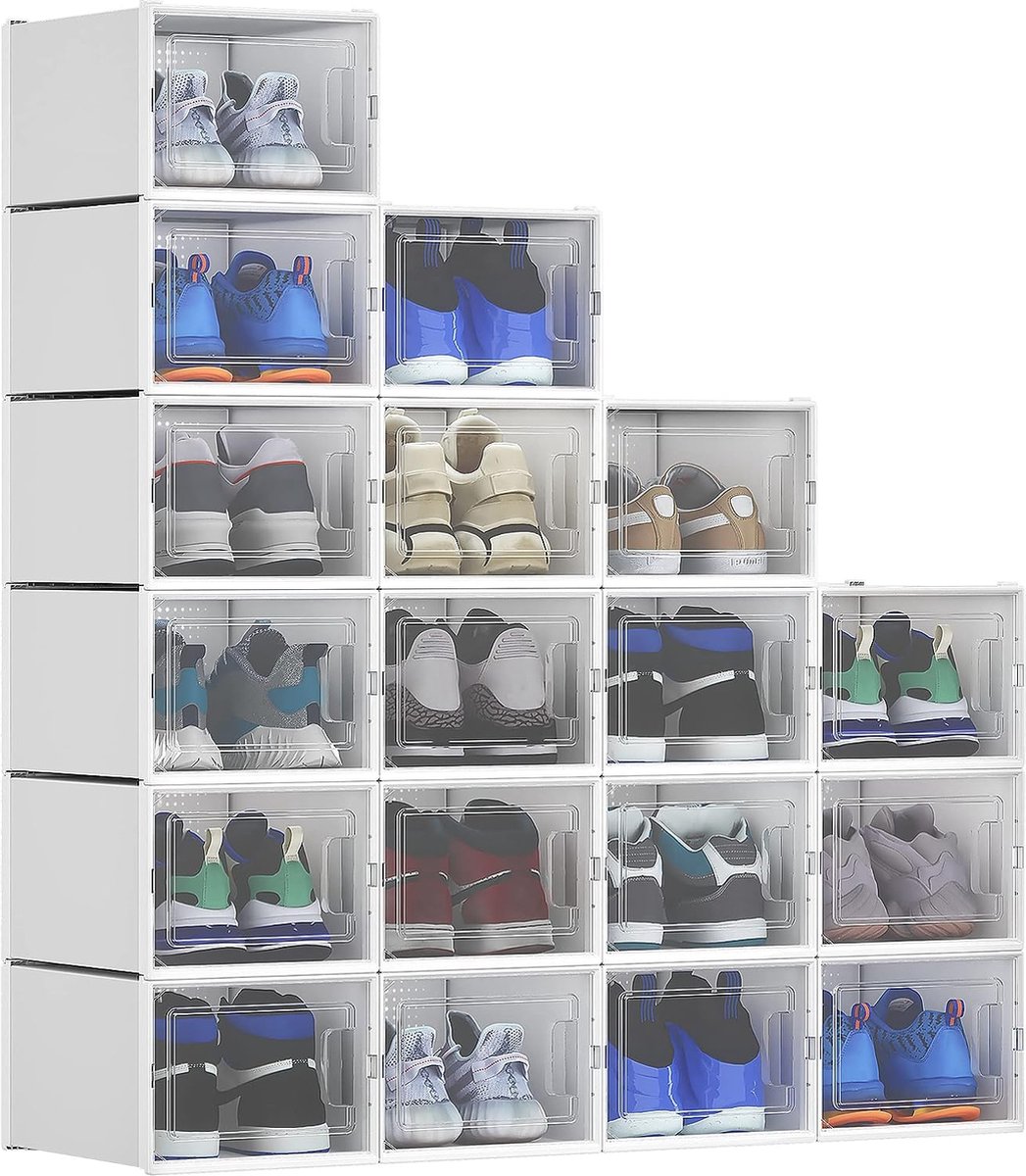 Relaxdays Schoenendozen, 18-delige set, mooi stapelbaar, stabiel, opbergdozen voor mooi met transparante deur en ventilatiegaten, voor mooi tot, stapelbare schoenendoos wit