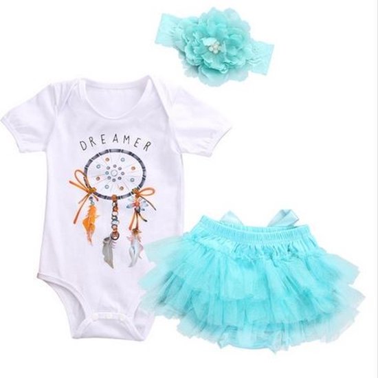 Driedelig baby setje Dreamer met tutu en hoofdband mint en romper met dreamcatcher - kinderkleding - kraamcadeau