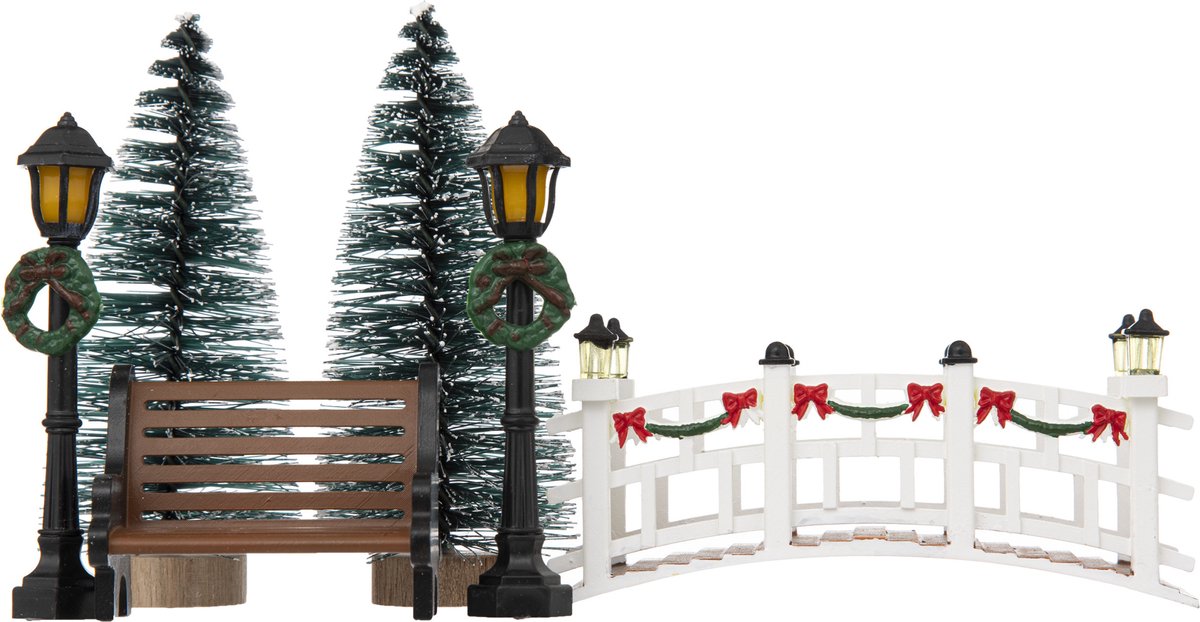 Feeric lights and christmas Kerstdorp accessoires - brug, boompjes, lantaarns - miniatuur figuurtjes