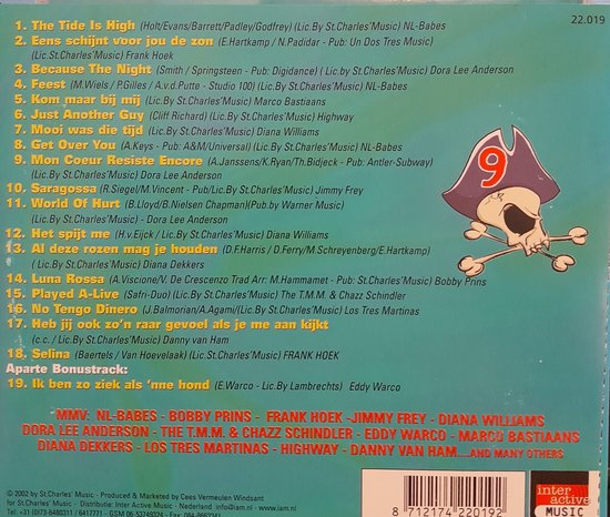 Achterkant van de CD hoes met een tracklist en informatie over '18+1 Hete piratenhits volume 9'.