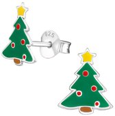 Joy|S - Zilveren kerstboom oorbellen - 9 x 10 mm - groen rood - gele ster - kerst oorknoppen - kinderoorbellen