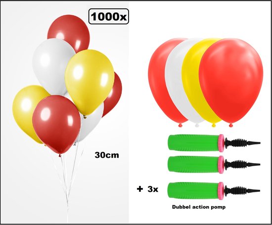1000x Ballon Luxe rouge/blanc/jaune 30cm + 3x pompe double action -  biodégradable -... | bol.com
