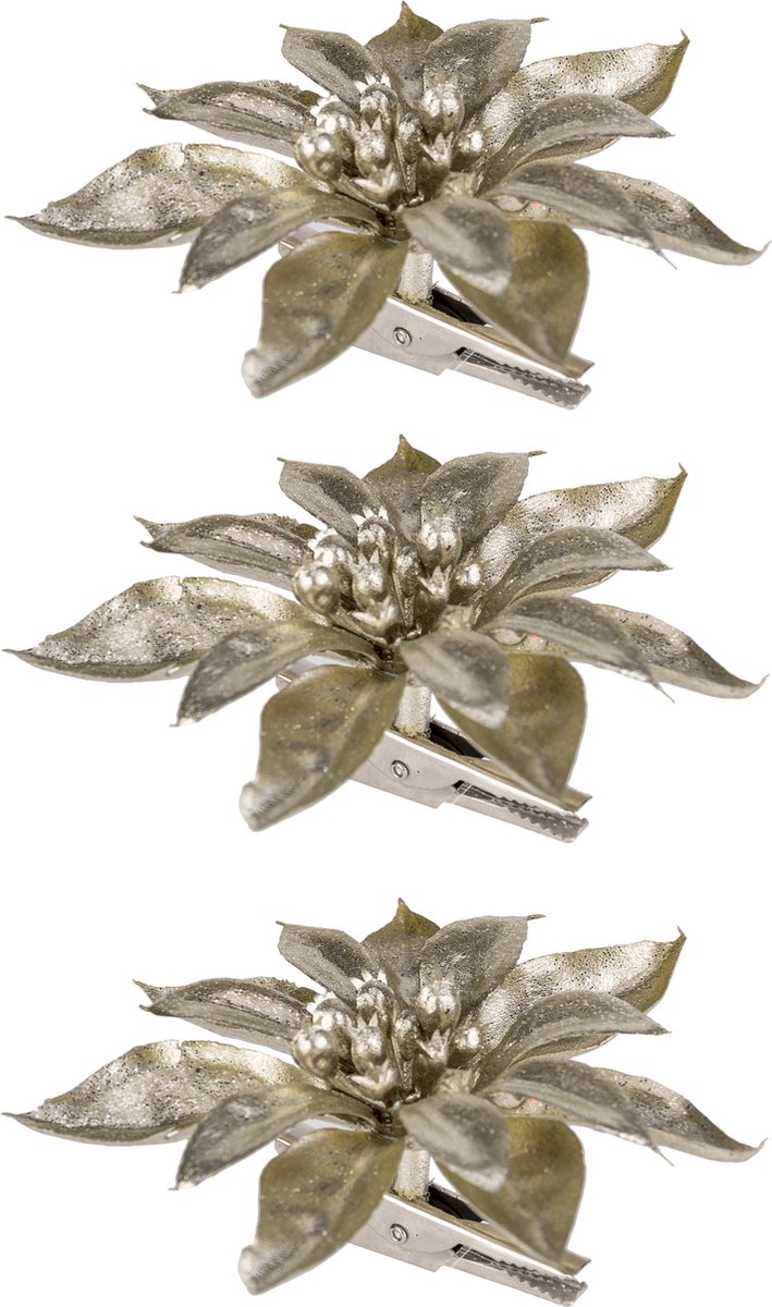 6x stuks decoratie bloemen kerststerren champagne glitter op clip 9 cm - Decoratiebloemen/kerstboomversiering