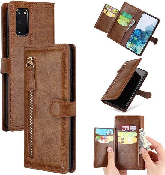 Etui LuxeBass compatible avec Samsung Galaxy S21 FE - Etui livre - Marron foncé - Etui portefeuille Vintage avec fermeture éclair - Etui pour téléphone - Etui pour téléphone portable - Etuis pour téléphone