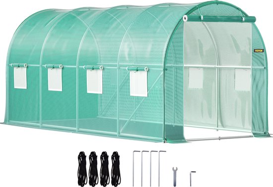 Groene tunnelkas met een gegalvaniseerd stalen frame, meegeleverd met touwen en montagetools.