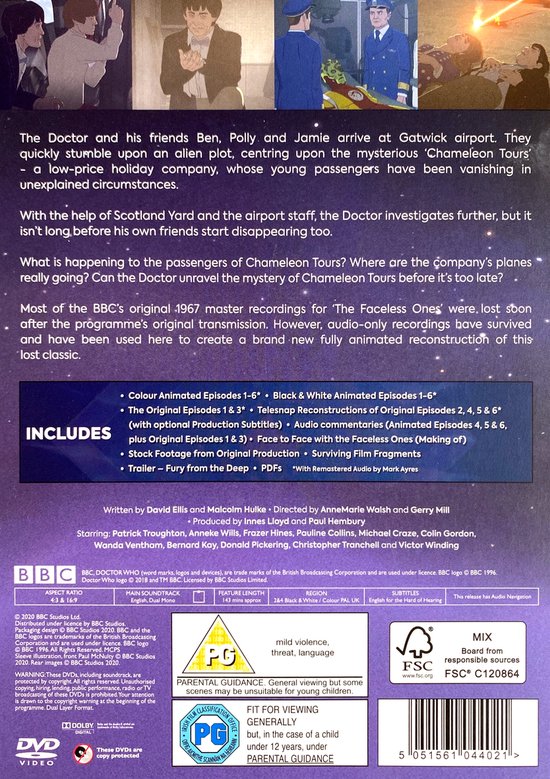 De achterkant van de Doctor Who DVD 'The Faceless Ones' toont productinformatie, inclusief de beschrijving van de afleveringen, cast en andere details over de 3 discs.