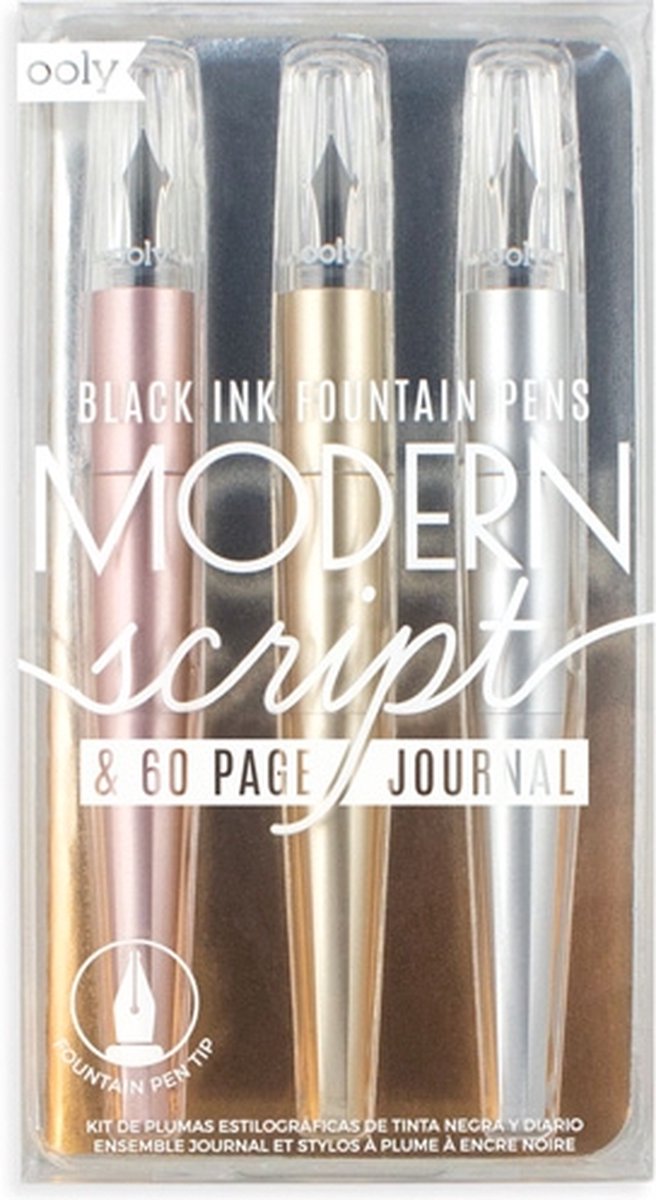 Ooly - Modern Script - Vulpennen & notitieboekje - 3 Stuks - Zwart schrijvend (Goud, roségoud & zilver)