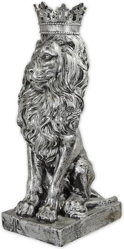 Resin beeld - Gekroonde leeuw - zilver - 90 cm hoog