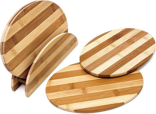 Relaxdays 4x houten ontbijtplank - met houder - ontbijtbord bamboe natuur -  gestreept | bol.com