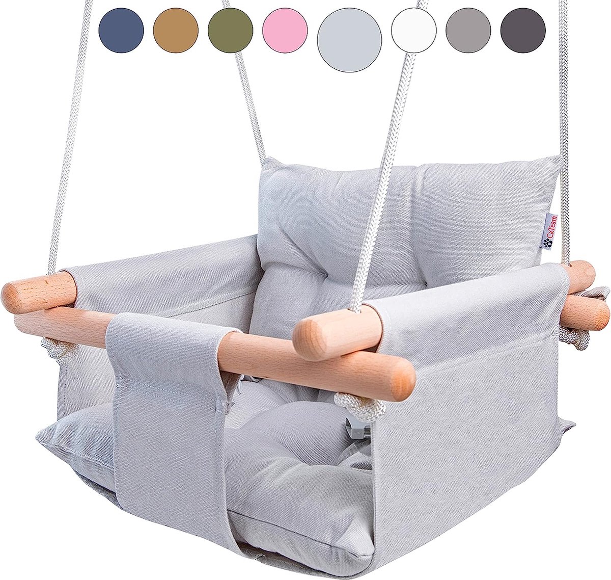 Goedkoopste Canvas Baby Swing, Houten Hangende Swing Seat Stoel Met Veiligheidsgordel, Duurzame Baby Hangmat Stoel, Outdoor en Indoor Swing voor Kinderen, Montagehardware inbegrepen, Grij