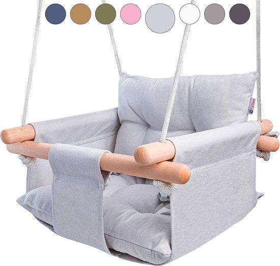 Foto: Canvas baby swing houten hangende swing seat stoel met veiligheidsgordel duurzame baby hangmat stoel outdoor en indoor swing voor kinderen montagehardware inbegrepen grij