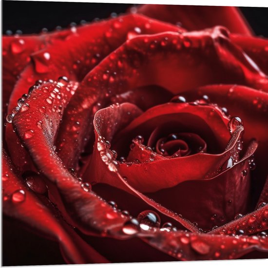 Acrylglas - Grote Rode Roos met Waterdruppels erop - Bloemen - 80x80 cm Foto op Acrylglas (Wanddecoratie op Acrylaat)