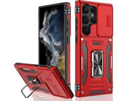 Podec Coque pour Samsung Galaxy S23 Ultra Rouge - Coque Anti-Choc Hybride Armure avec Ring de Béquille et Protecteur d'écran