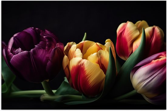 Poster (Mat) - Diverse Gekleurde Tulpen in het Donker - Bloemen - 75x50 cm Foto op Posterpapier met een Matte look