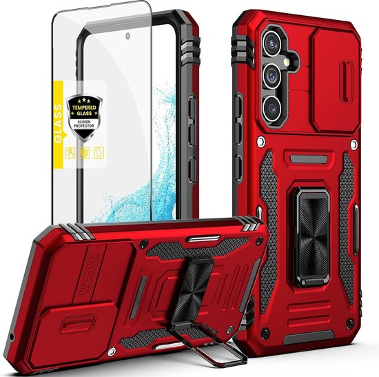 Podec Hoesje Geschikt voor Samsung Galaxy A54 Rood Telefoonhoesje - Anti-Shock Case Cover Hybrid Armor Hoes met Kickstand Ring met Screenprotector