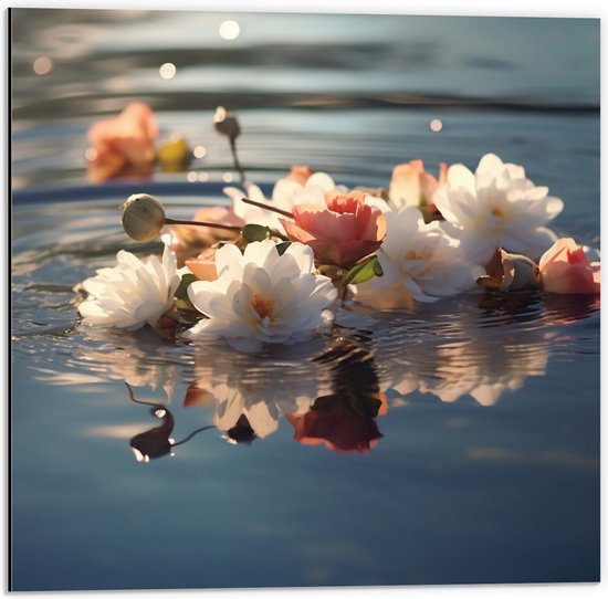 Dibond - Camellia Bloemen en Knoppen op het Water - 50x50 cm Foto op Aluminium (Met Ophangsysteem)