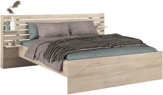 Escale volwassen bed 160x200 cm - Japans eiken decor - 2 laden + hoofdeinde - L222.8 x H98.2 x D216,8 cm - gemaakt in Frankrijk