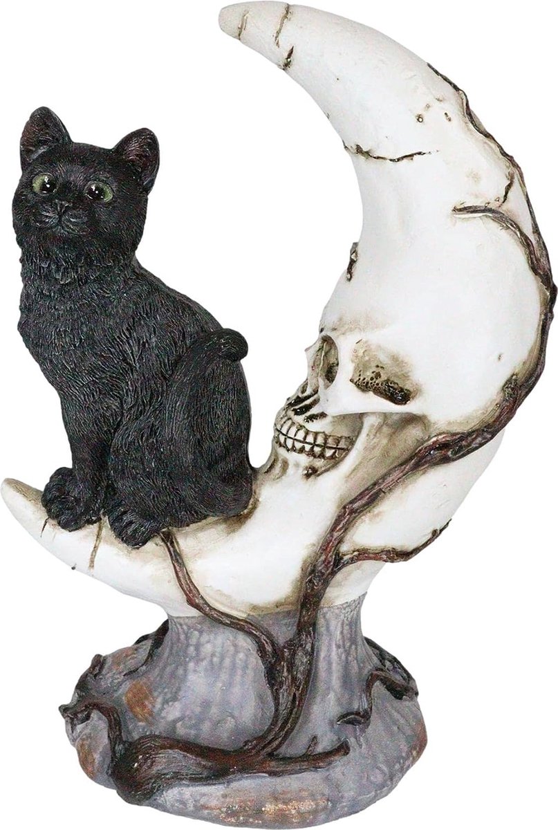 Gothic Beeeldje - Zwarte Kat op Schedel Halve Maan - veranderde LED-licht - (hxbxd) ca. 19cm x 13cm x 8cm