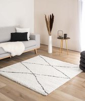 Vierkant hoogpolig vloerkleed ruit Artisan - wit/zwart 200x200 cm