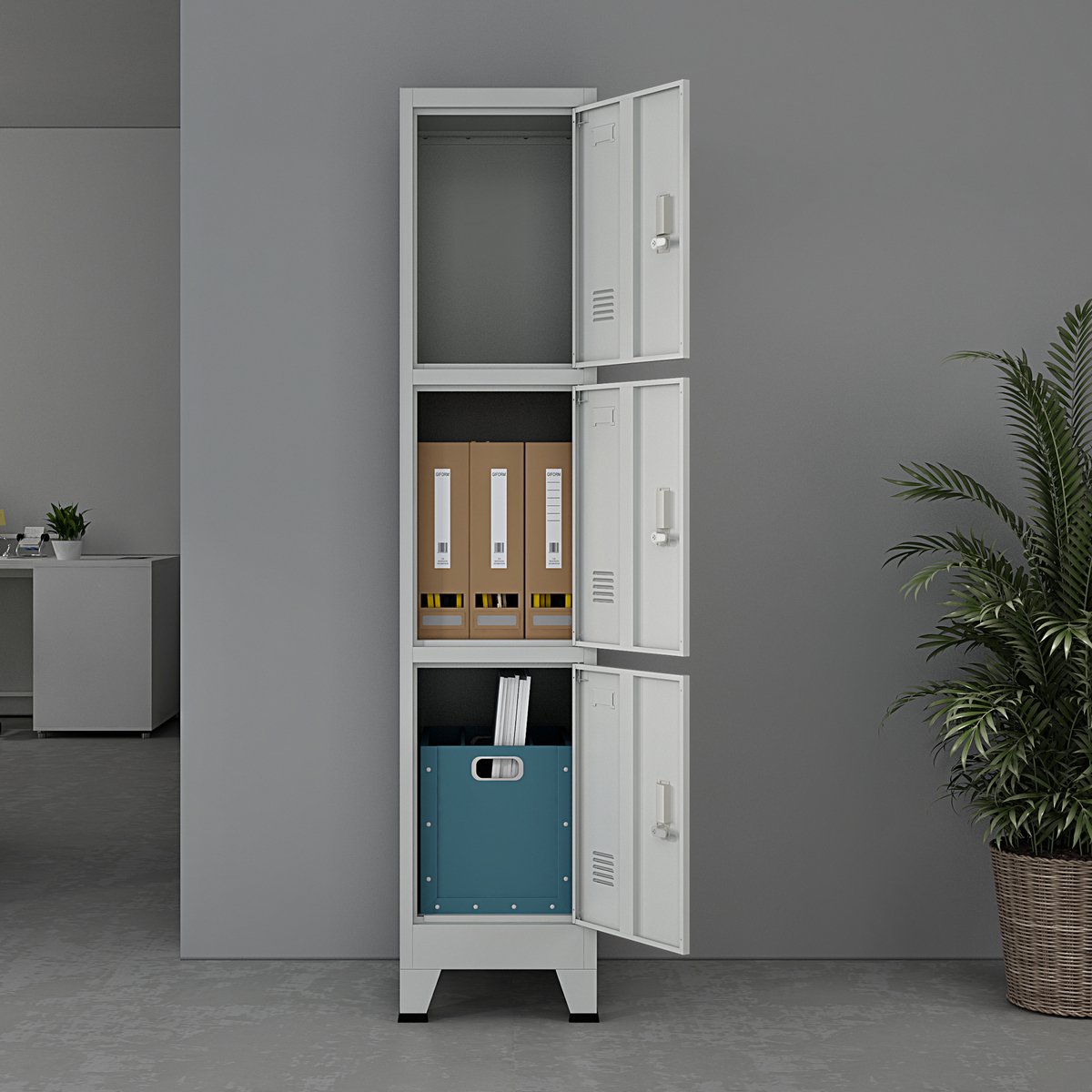 en.casa Lockerkast Joroinen 180x38x45 cm staal met 3 deuren grijs grijs met 3 deuren
