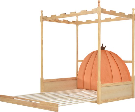 Merax Uitschuifbaar Konings Bed - Tweepersoonsbed voor Kinderen - Kasteel Kinderbed - Naturel & Oranje