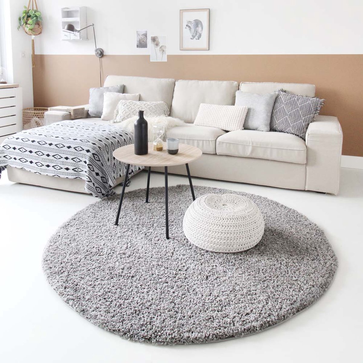 Hoogpolig vloerkleed shaggy Trend effen rond - lichtgrijs 160 cm