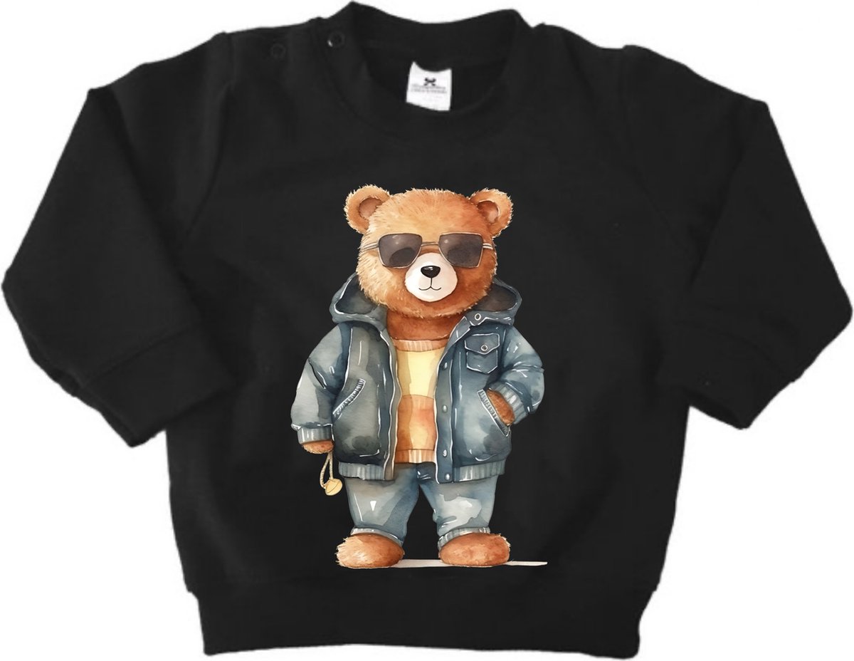 Trui jongen meisje - Sweater met print beer - Zwart - Stoere Sweater beer met zonnebril - Maat 104