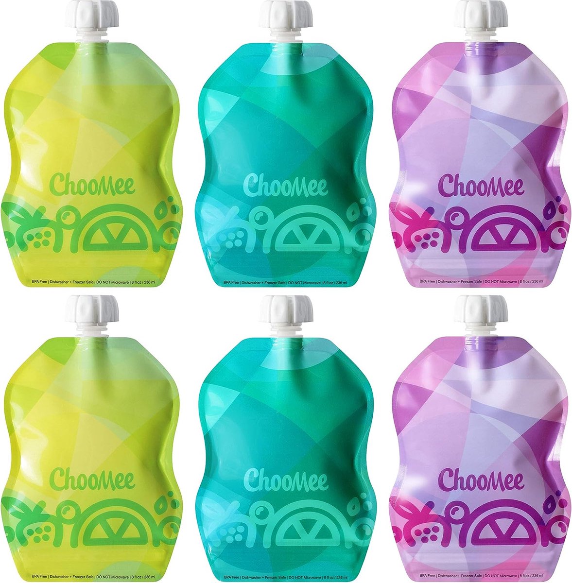 ChooMee SnakPack herbruikbare levensmiddelzakjes, inhoud 237 ml, ideaal voor babyvoeding, smoothies en puree. Veilige dubbele druksluiting, brede onderkant, BPA-vrij, 6 stuks TropiColor-dessin