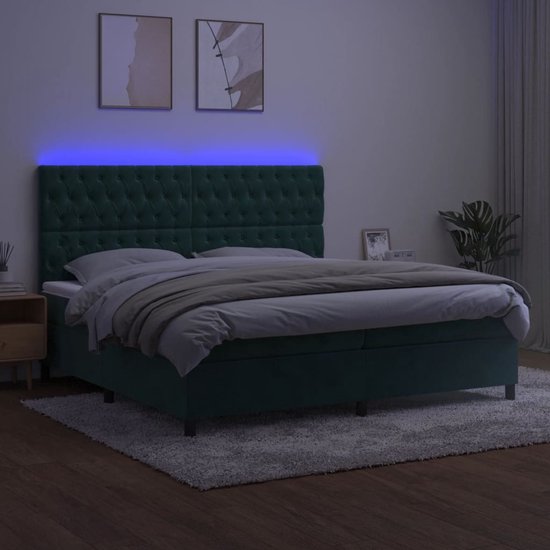 The Living Store Boxspring - LED - Fluweel - Verstelbaar hoofdbord - Pocketvering matras - Huidvriendelijk topmatras - Donkergroen - 203x200x118/128 cm