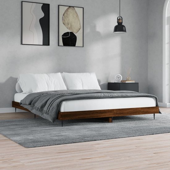 The Living Store Bedframe Bruineiken - Geniet van een goede nachtrust - Bedframe - Afmeting- 203 x 123 x 20 cm (LxBxH) - Ken- Duurzaam materiaal en metalen poten - The Living Store