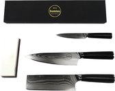 Sumisu Knives - Japanse messenset 3-delig black incl. slijpsteen - Black collection - Koksmes - 100% damascus staal - Geleverd in luxe geschenkdoos
