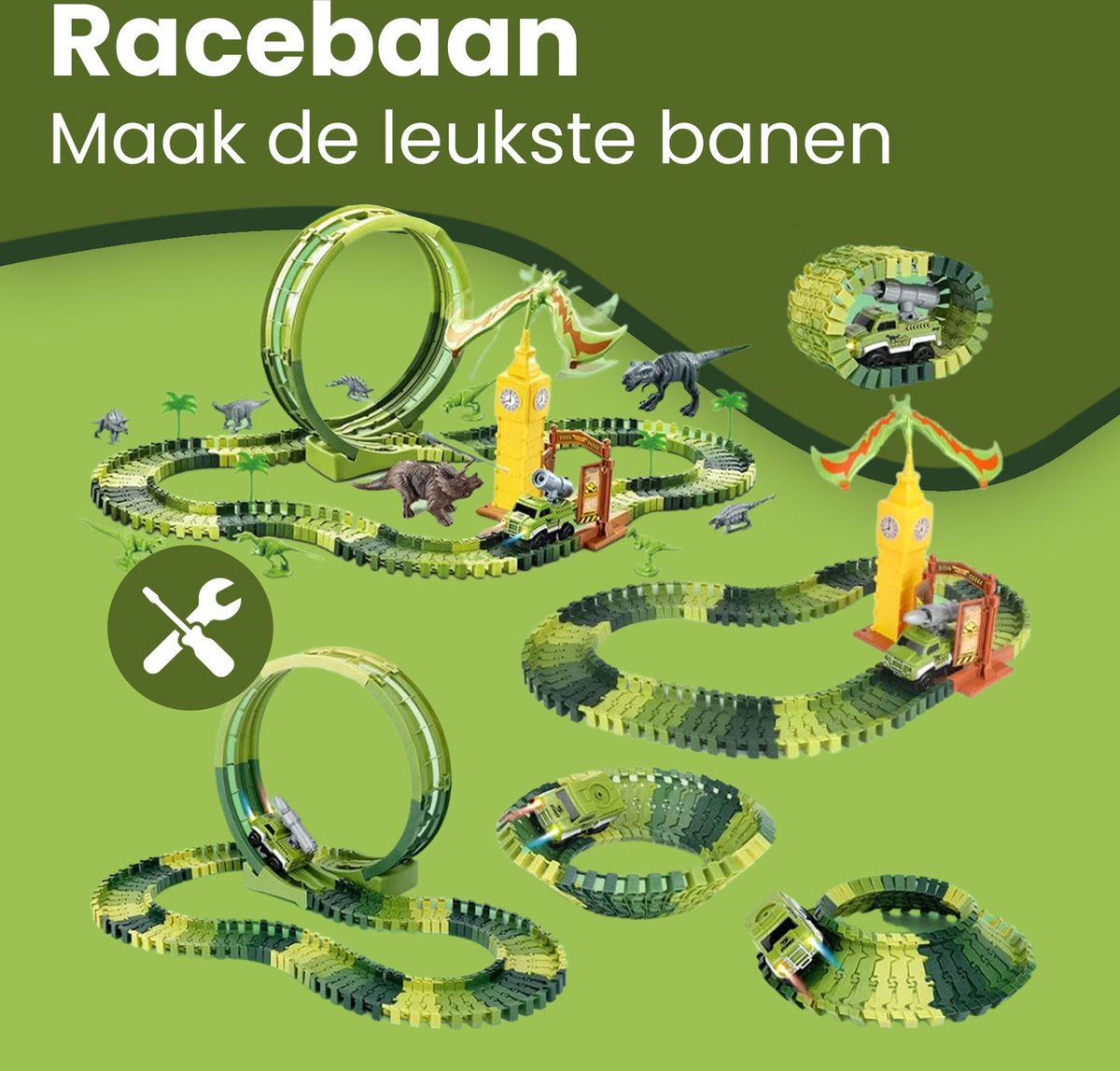 Nince Dinosaurus Speelgoed Autoracebaan - Flexibele Racebaan Speelgoed Auto - 10 Dinosaurus Figuren — afbeelding 4