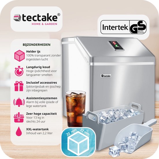 tectake® Professionele IJsblokjesmachine - IJsblokjesmaker voor Heldere IJsblokjes - 13 kg per 24 Uur - 2,2 Liter Watertank - 24 IJsblokjes per Cyclus - Inclusief Ijsschep - Zilver — afbeelding 2