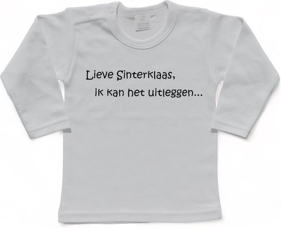 Sinterklaas | T-shirt Lange Mouw | Lieve Sinterklaas, ik kan het uitleggen... | Grappig | Cadeau | Kado | Wit/zwart | Maat 92