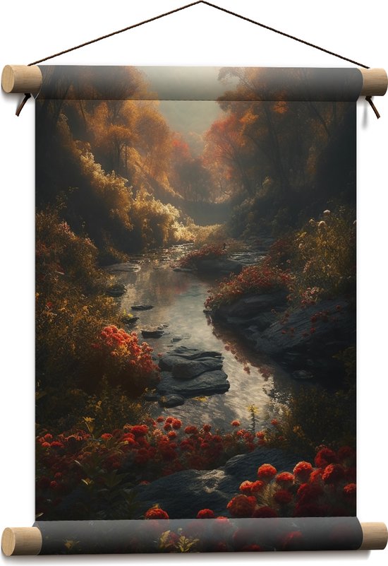 Textielposter - Klein Riviertje omringd door Bloemen en Bomen in het Bos - 30x40 cm Foto op Textiel