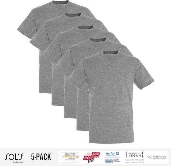 5 Pack Sol's Heren T-Shirt 100% biologisch katoen Ronde hals Heather Grijs Maat XL