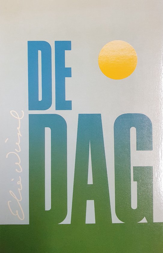 Boek 'DE DAG' met blauwe en groene letters, met een gele cirkel en een groene ondergrond.