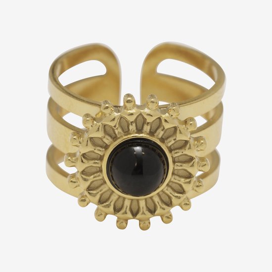 Essenza Black Stone Flower Ring Gold